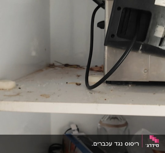 מדף עם לכלוך וציוד חשמלי במטבח